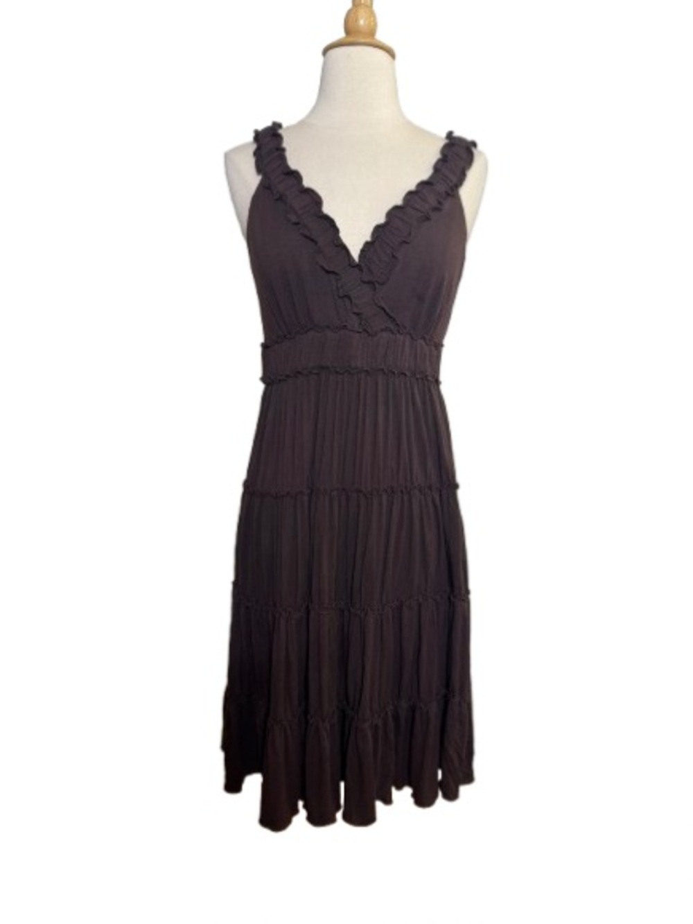 Spense Chocolate Brown Ruffle V-Neck Tiered Dress